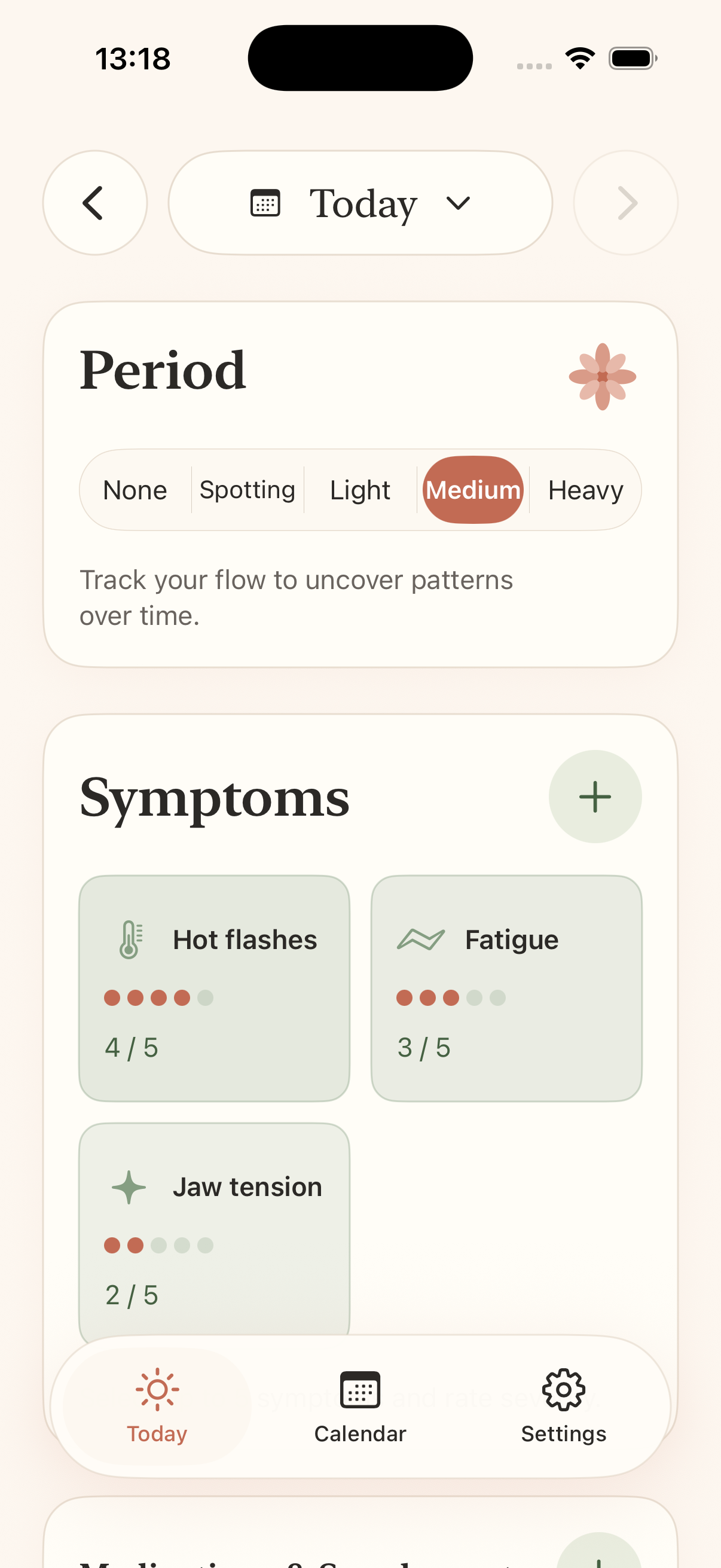 Firn Today screen showing period tracking and symptom severity entries.
